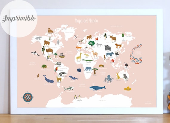 Pink Animals World Map in SPANISH Wall Art Poster, Mapa Del Mundo Español,  Children's Nursery Educational Print 