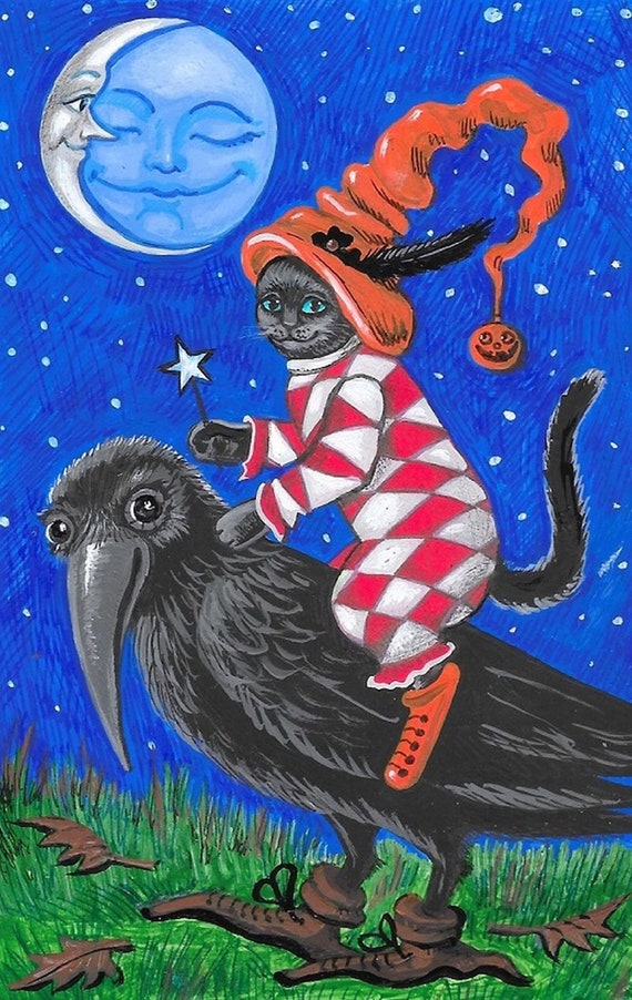 ACEO PRINT OF PAINTING RYTA RAVEN CROW WITCH HALLOWEEN GOTHIC WICCA BLACK CAT 