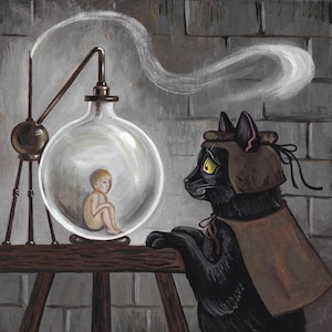May include: A black cat wearing a brown hat and cloak looks at a glass jar with a small human figure inside. The jar is on a wooden stand with a metal apparatus attached to it. Smoke trails from the apparatus.