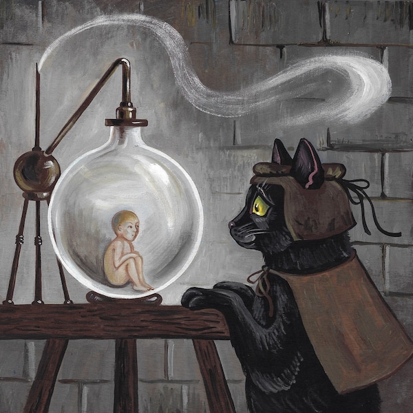 4x4 Print of Painting Ryta Homunculus black cat alchemist Halloween dark gothic mid evil art folk magic pagan steam punk creepy decor