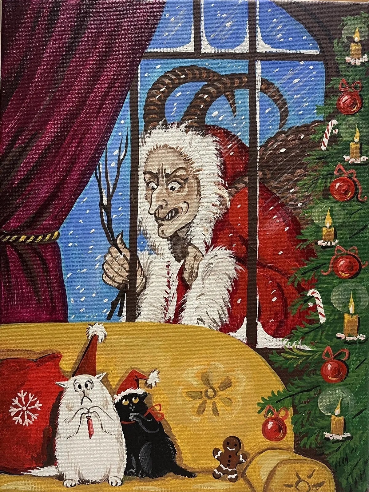 11x14 RYTA Christmas Krampus Black Cat Print of Painting Folk Art Germany  Tree Gingerbread Winter Decor Did You Have Been Good This Year Fun - Etsy, image size:1200x1600