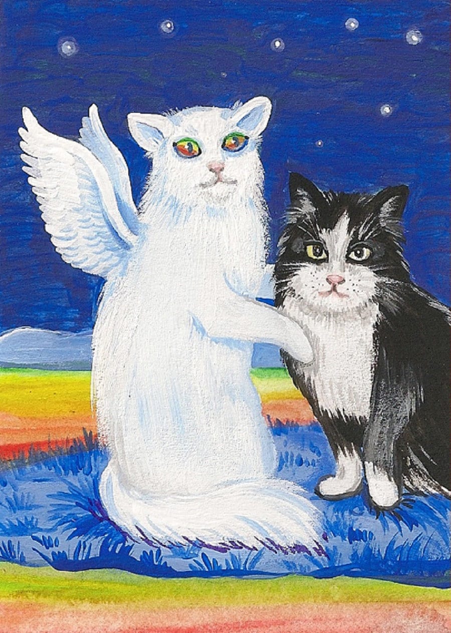 ACEO Until We Meet Again RYTA Angel Cat Tuxedo Afterlife Heaven Art ...