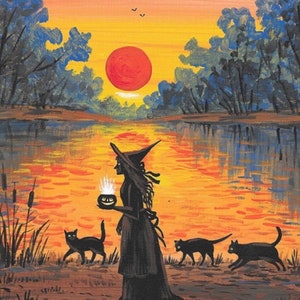 May include: A witch in a black dress and pointed hat walks through a swamp at sunset. She carries a glowing jack-o'-lantern and is followed by three black cats.
