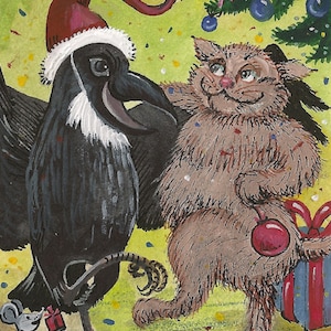 5x7 Christmas Party RYTA Holiday Drunk Winter cat raven crow animacja karta zabawny humor dom biuro wystrój wnętrz dekoracja