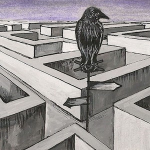ACEO Giving Directions RYTA raven crow surreal whimsical design decor decoration home house interior office maze trapped The Shining art