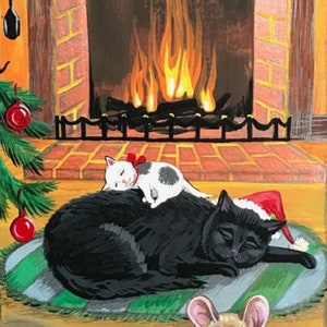 5x7  Dreams of Christmas RYTA Holiday Winter black cat fire mouse kitten tree present gift Home decor design decoration seasonal wall art