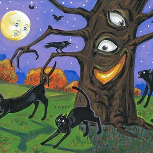 May include: A spooky tree with three eyes and a wide grin stands in a dark forest.  The tree has long, gnarled branches and a dark brown trunk.  Four black cats are playing around the tree, and a crow sits on a branch.  The moon is full and bright in the sky, and there are stars scattered across the purple sky.
