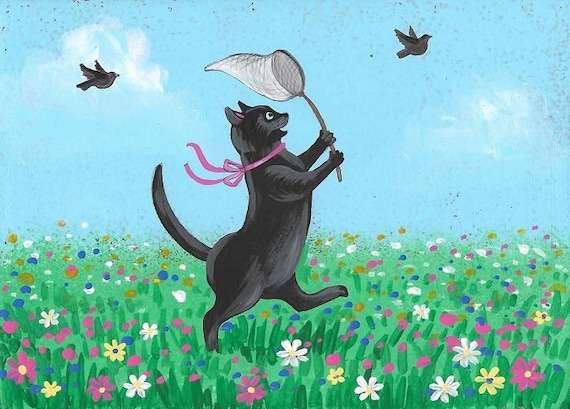 ACEO Little Birdie Has Wings RYTA Tuxedo Black Cat Kitten Fat Bird