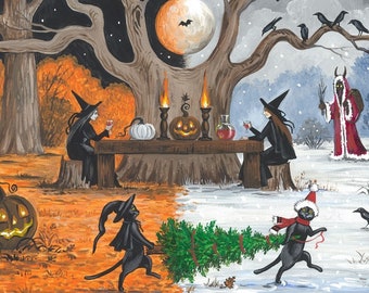 May include: Two witches in black robes and pointed hats sit at a table with a pumpkin, candles, and a bottle of red liquid. A black cat with a witch's hat carries a Christmas tree. On the right side of the image, a snowy scene with a red-robed figure with horns and a sack, and a black cat wearing a Santa hat.