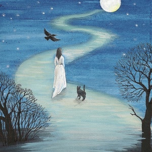 ACEO Path To the Moon RYTA black cat raven crow woman spirit ghost dream fantasy interior home house decor design decoration fine wall art
