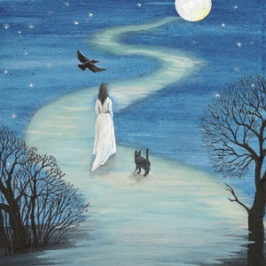8x10 Camino a la Luna RYTA gato negro cuervo bruja Halloween pagano Halloween embrujado paisaje arte popular decoración primitiva otoño magia otoño