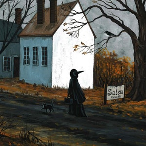11 x 14 Salem heks zwarte kat Ryta Halloween proef landschap onrecht vintage stijl volkskunst horror spookkerk huis dorp spookachtig eng