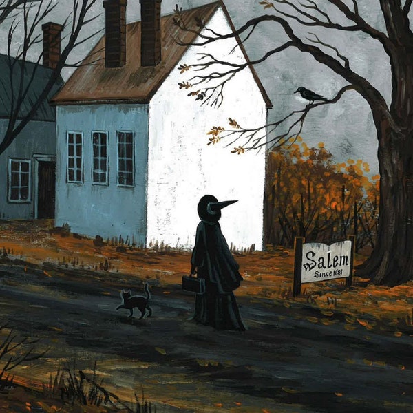 11x14 Salem witch Black Cat Ryta Halloween Trial Landscape Injustice vintage style folk art Horror Haunted Church House village spooky scary