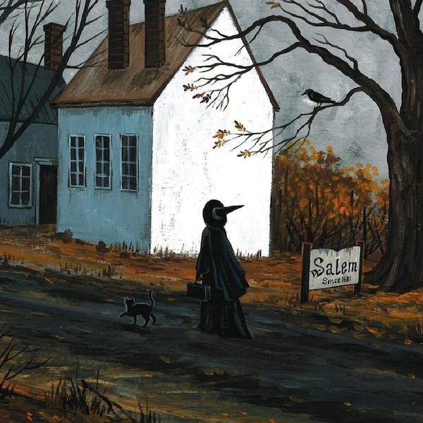 11 x 14 Salem heks zwarte kat Ryta Halloween proef landschap onrecht vintage stijl volkskunst horror spookkerk huis dorp spookachtig eng