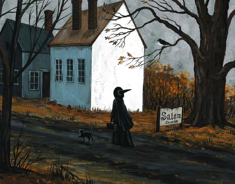 11x14 Salem witch Black Cat Ryta Halloween Trial Landscape Injustice vintage style folk art Horror Haunted Church House village spooky scary 