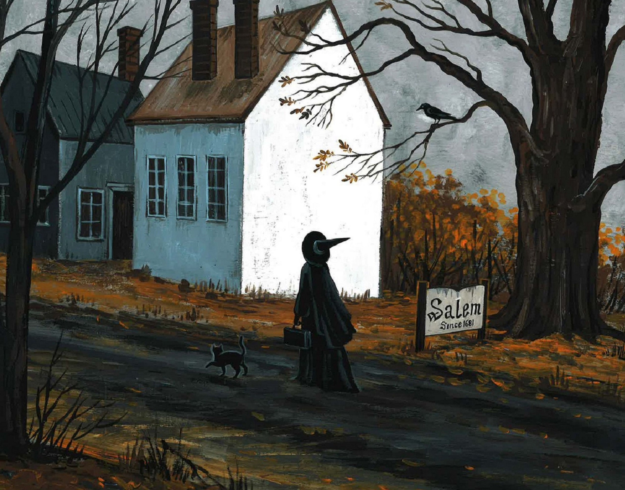 4x4 Print Of Painting Ryta Folk Art Black Cat Landscape Farm Fall Autumn  Duck 🍁
