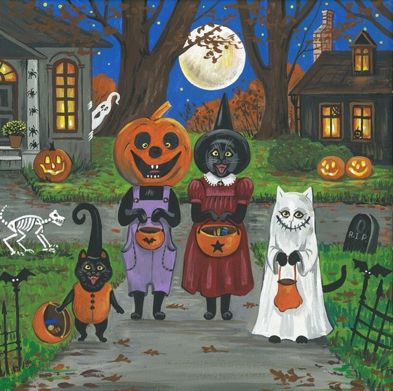 8x11 Halloween SIGN SLEEPY HOLLOW RYTA CEMETERY BLACK CAT YARD PRINT OF PAINTING 