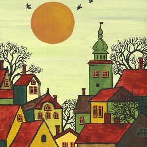 8x10 Red Roofs RYTA Abstract print of painting Cityscape village European town vintage style office interior home decor decoration design