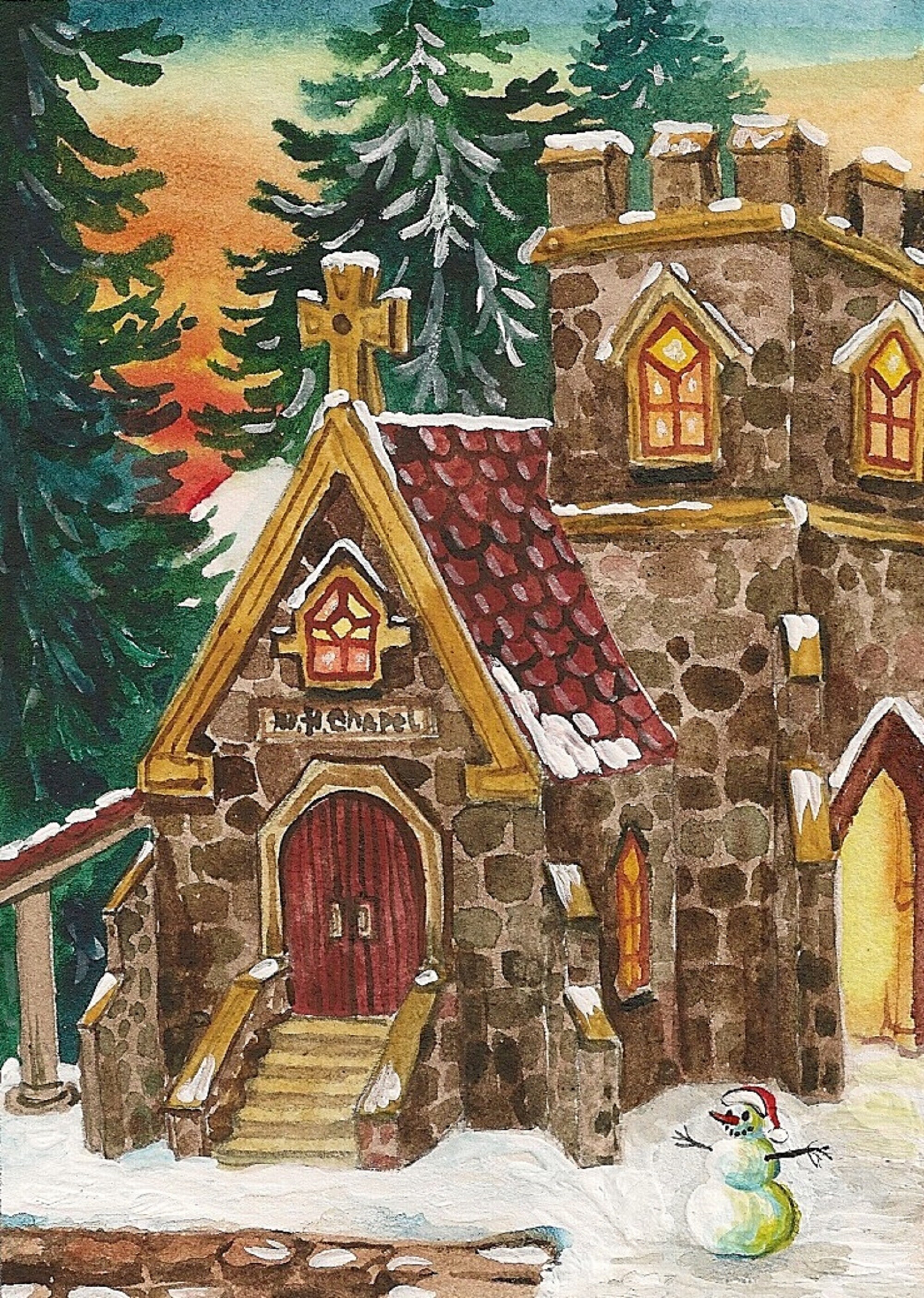 ACEO Christmas Steeple RYTA Holiday Winter season seasonal European Village German Church cityscape tree vintage style folk art decoration