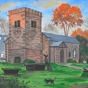 May include: A painting of a church with a clock tower, a witch standing in front of the church, and a black cat walking in the grass. The church is made of stone and has a blue roof. The witch is wearing a black dress and a pointed hat. The cat is walking towards the left side of the painting.