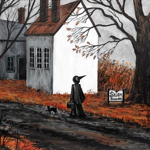 11x14 October In Salem witch Black Cat RYTA Halloween Trial Landscape vintage style Haunted house print of painting folk art rustic decor
