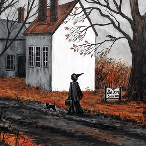 11x14 October In Salem witch Black Cat RYTA ART Halloween Trial Landscape Injustice vintage style Horror Haunted Church House village spooky