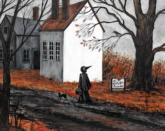 11x14 October In Salem witch Black Cat RYTA ART Halloween Trial Landscape Injustice vintage style Horror Haunted Church House village spooky