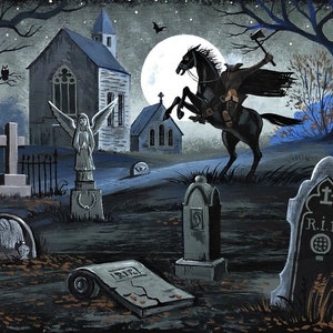 14x8 Van Brunt RYTA Halloween Headless Horseman Sleepy Hollow Cemetery full moon haunted interior home decor decoration design art house cat