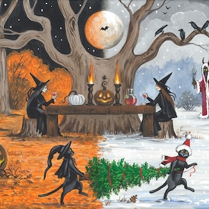 8x10 Samhain RYTA print of painting Halloween Christmas black cat witch pumpkin crow Krampus Winter Autumn fall landscape folk art pagan odd