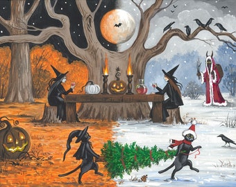 8x10 Samhain RYTA print Halloween Christmas black cat witch pumpkin crow Krampus Winter Autumn interior home art design decor decoration