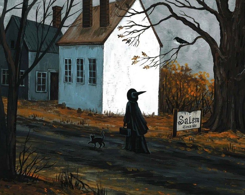 8x10 Salem witch Black Cat Ryta Halloween Trial Landscape Injustice vintage style folk art Horror Haunted Church House village spooky scary 