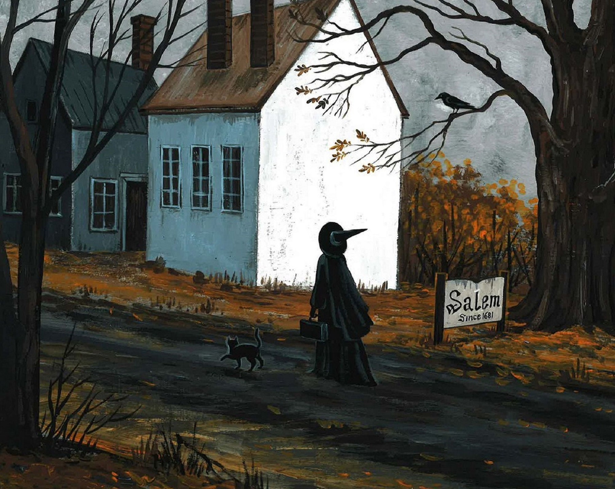 8x10 Salem witch Black Cat Ryta Halloween Trial Landscape vintage style folk art Haunted House village rustic fall decor autumn pagan woman