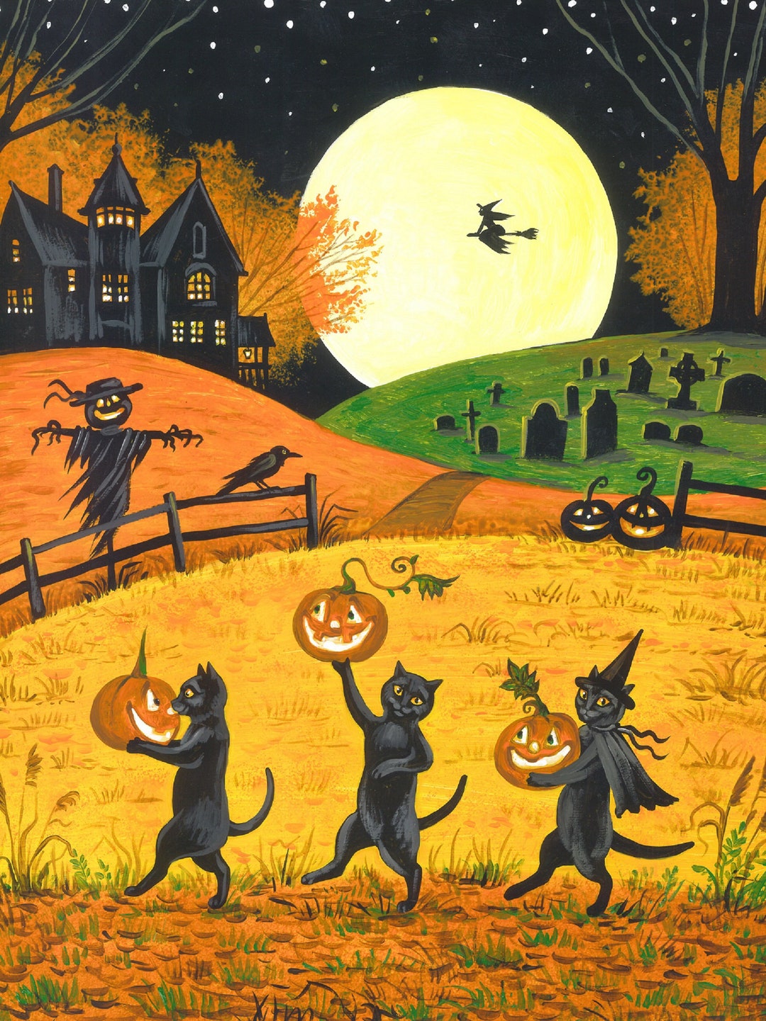 11x14 Jack Jill and JOL RYTA ART Halloween Black Cat Witch Haunted ...