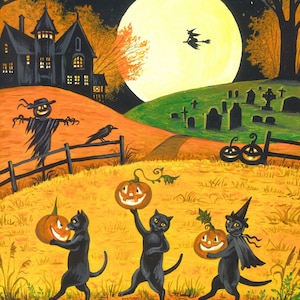 11x14 Jack Jill and JOL RYTA ART Halloween black cat witch Haunted House full moon Autumn Fall decor design decoration interior home house