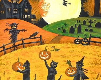 May include: Three black cats dressed in Halloween costumes carry jack-o'-lantern pumpkins in a field under a full moon. A scarecrow stands in the background near a spooky house.