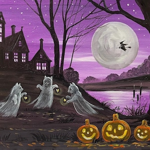 Impresión de 11 x 14 de Spooky Buddies Ryta de pintura de Halloween, arte popular, gato negro, fantasma, granja, granero, paisaje, embrujado, estilo vintage, luna, otoño, calabaza