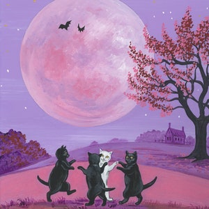 April Pink Moon RYTA Various Sizes Print Art Halloween Spring Black Cat landscape bat farm interior home house design decor decoration white