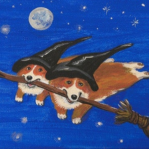 ACEO Magic Broom RYTA Halloween Night cane Pembroke Welsh Corgi Luna piena stelle interno stagionale arredamento casa decorazione design Autunno Autunno