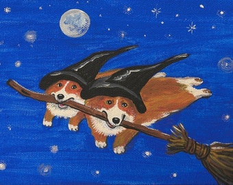 May include: Two corgis wearing witch hats fly on a broomstick against a blue night sky with a full moon and stars.