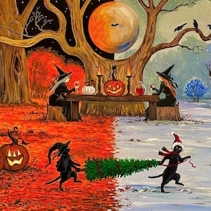 ACEO SAMHAIN Ryta HALLOWEEN Christmas Pagan Krampus Folk Art winter Autumn interior home house seasonal design decor decoration Holiday cat