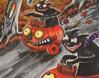 May include: Two black cats driving jack-o'-lantern cars down a road at night. The cats are wearing scarves and have big smiles. A brown owl is perched on a branch above them. The moon is full and bright in the sky.