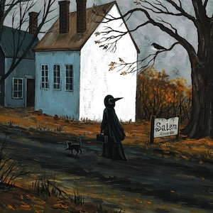 8x10 Salem witch Black Cat Ryta Halloween Trial Landscape Injustice vintage style folk art Horror Haunted Church House village spooky scary