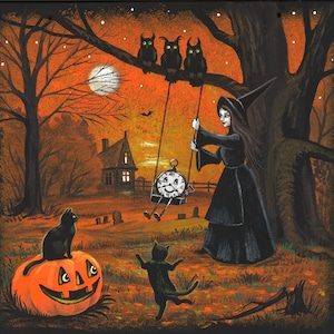 May include: A witch in a black dress and hat stands in front of a house with a jack-o-lantern on the ground. Three black owls are perched on a tree branch above her. A clock face with a smiling face is swinging on a rope swing.
