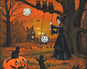 10x10 Haunted Time RYTA landscape Halloween witch black cat owl house farm Salem Autumn Fall clock decor primitive steampunk crow bats moon
