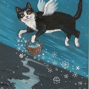 May include: A black and white cat with wings flies through the night sky, carrying a basket of snowflakes. The moon is visible in the background, and the cat is leaving a trail of snowflakes behind it.