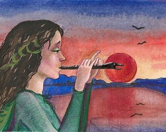 May include: A woman plays a flute in front of a sunset with a red sun and birds flying in the sky.