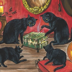 May include: Four black cats gather around a green box with a pentagram symbol on the lid. One cat is holding a lit match over the box, which is emitting smoke. A lit candle and a jack-o-lantern are in the background.