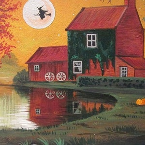 May include: A painting of a red and green house with a red roof and a large full moon in the background. A black cat walks in the foreground near a pond. There are pumpkins in the grass.