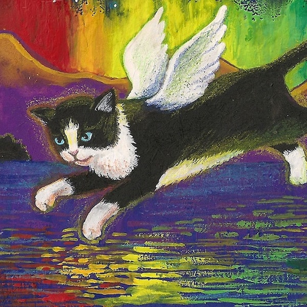 ACEO Rainbow Lights RYTA magic aurora borealis tuxedo cat ocean icy sky angel spirit interior home office house design decor decoration art