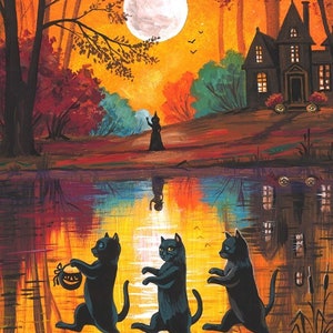 5x7 To Grandmutters Haus gehen wir Halloween schwarze Katze Ryta Hexe verfolgt Vintage Stil Herbst Herbst Salem Druck der Malerei Volkskunst Landschaft